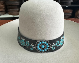 Hat band, black and turquoise adjustable band for hats. Ready to ship !