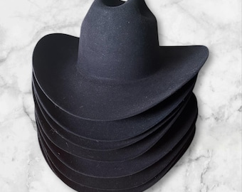 Preblocked Cowboy hat bodies. 220 grms. 100% rabbit fur. Black. NO SWEATBAND. Ready to ship!