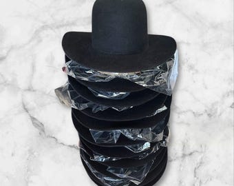 Preblocked Open crown hat bodies with leather sweatband. 230 grms. 100% rabbit fur. Black Ready to ship!