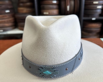 Grey Leather Hat band with turquoise accents. Fancy hat band