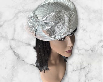Elegant pill box. Silver ladies hat. All seasons hat. Ready to ship!!