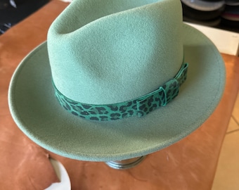 Mint Green Wool Fedora: Animal Print Band, Adjustable Fit