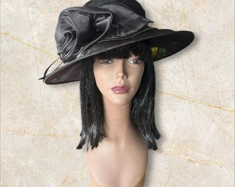 Elegant Organza black ladies hat with a matching organza rose. All seasons and packable hat. Ready to ship!