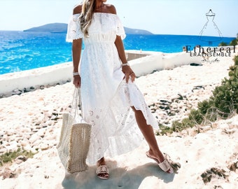 Weißes Boho-Kleid | Schulterfreier Hollow-Out-Stil | Schicke Maxi-Strandmode mit Spitze