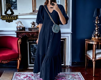 Denim Maxi Dress | Ruffle Short Sleeve Robe | Oversize A-Line Clothing