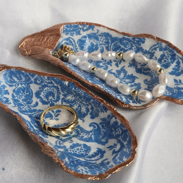 Oyster Shell Jewelry Dish, Decorative Ring Dish, Blue Floral Design, Shell Trinket Dish, Costal Grandmother, Chinoiserie Porcelain Decor