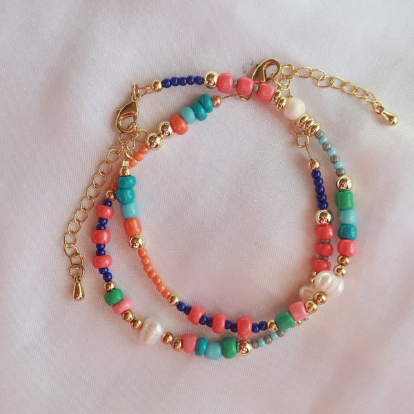 Colorful Summer Beaded Bracelet, Dainty Beaded Bracelet, Natural Pearls, Gold Layering Bracelet, Seed Bead Jewelry, Summer Beach Jewelry