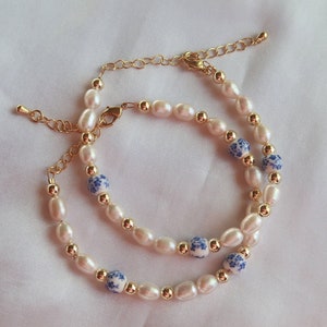 Floral Beaded Bracelet, Blue Porcelain Jewelry, GENUINE Freshwater Pearls, Layering Gold Bracelet, Greece Coastal Grandmother Jewelry