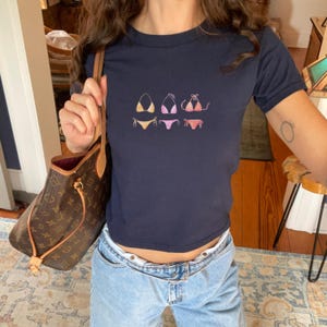 Bikini Graphic Baby Tee, Cute Summer Baby Tee, Trendy Beach Crop Top, Aesthetic Y2K Baby Tee, Shirt for Teen Girls, Casual Navy Top