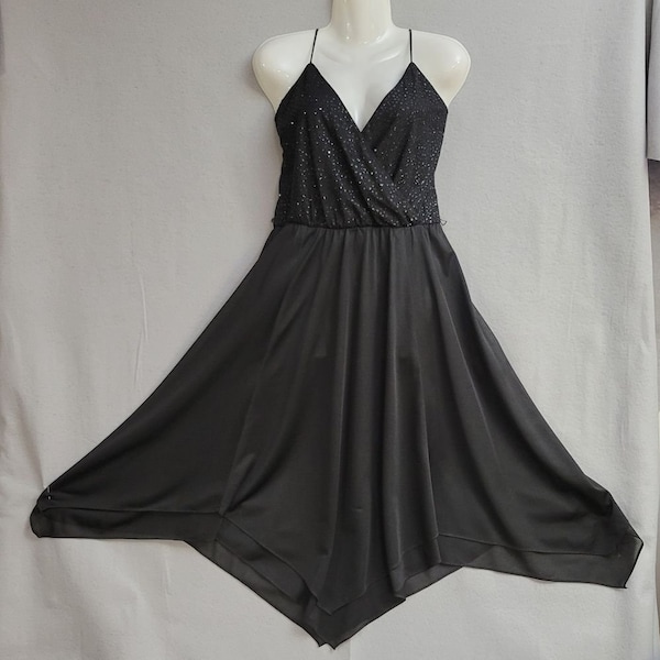 1980s Black Glitter Dress Act I New York Handkerchief hem size 11/12 Goth
