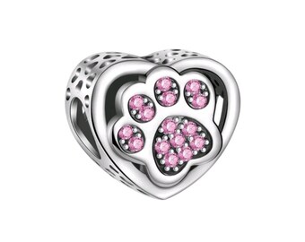 Heart-Shaped Charm with Dog Paw Print and Pink Crystals - Jewelry for Animal Lovers