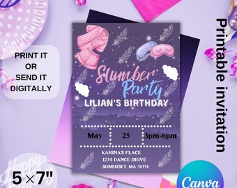 May include: A printable invitation for a slumber party, featuring a purple and pink design with illustrations of pajamas, eye masks, and feathers. The invitation includes the text "Slumber Party" and event details.