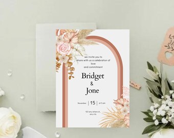 Beige Watercolor Boho Tropical Floral Wedding Invitation, Modern Wedding Invitation, Boho Wedding Invite, Editable Invite, Instant Download.