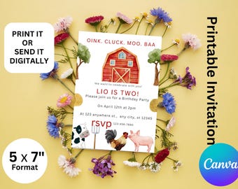 Farm Birthday Invitation, Barnyard Party Invite, Kids Birthday Party Decor, Farm Animal Theme, Personalized Farm Party Supplies