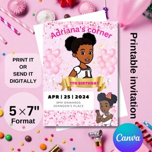 Op de afbeelding: Een roze, afdrukbare verjaardagsuitnodiging van 13 x 18 cm met een cartoonillustratie van een meisje. De uitnodiging bevat de tekst "Adriana's corner" en "7th Birthday". De datum is 25 april 2024.