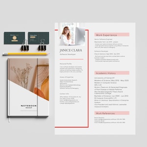 May include: A professional mockup featuring a resume, business cards, and a notebook. The resume includes the name "Janice Clara" and details her work experience and education. The notebook has the text "NOTEBOOK MOCKUP".