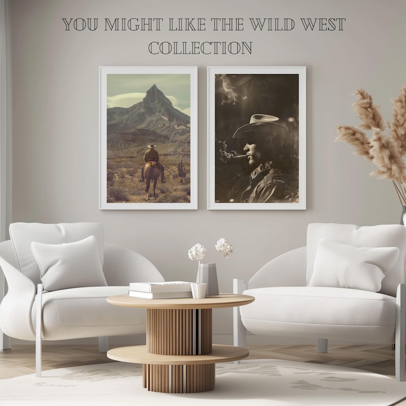 May include: Two framed vintage photographs of cowboys in the Wild West. The first photo shows a cowboy riding a horse in front of a mountain. The second photo shows a cowboy wearing a hat and smoking a pipe.