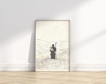 The Good Shepherd | Psalm 23 | Nursery Wall Art | Christian Nursery Decor | Ink Sketch Print | Baby Room Bible Verse | Faith Home Decor