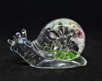 Fairy, Green Moss, Real Flower and Irridescent Flakea Small Resin Snail.