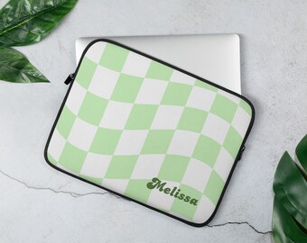 Benutzerdefinierte Laptophülle Laptophülle Personalisierte Laptophülle Retro grün kariert Name Laptophülle personalisiertes Geschenk Muttertag Boho Salbei