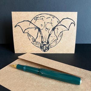 Retro Bat and Moon Block Print Card & Envelope Hand Printed for Spooky Season. Blank Greeting Card and Envelope | Vintage Halloween