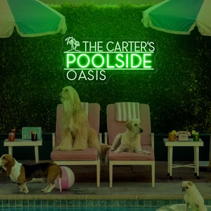 Letrero de neón personalizado "Oasis junto a la piscina", letrero LED para bar al aire libre junto a la piscina, decoración de pared para bar de verano, luz de neón "Oasis junto a la piscina" con palmeras, regalo para papá