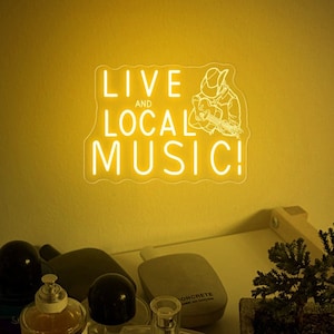 Letrero de neón de música local y en vivo, regalo para amantes de la música, regalo de conciertos de música, letrero de guitarra de vaquero, regalo de música country, regalos para amigos, arte de bar