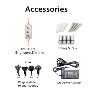 May include: A set of accessories for a light fixture, including a white dimmer switch with a red indicator light, a set of four silver screws, a set of four white plastic anchors, a set of four different plug types, and a black 12V power adapter.