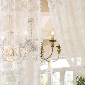 White Lace Embroidered Curtain, Floral Embroidered Lace One Panel Window Decor Curtain