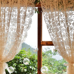 Lace Embroidered Gauze Sheer Curtain, Cream Ruffle French Country Style One Panel Window Decor Curtain
