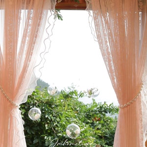 Pink Lace Curtains, Pink Lace Ruffle Pinch Pleat Princess Window Curtains, Two Panels Pink Lace Cafe Curtain, Living Room, Kitchen Curtain