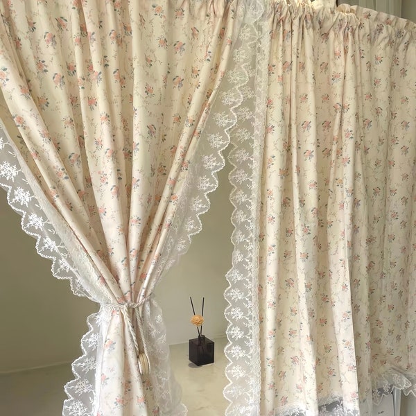 Lace Floral Printed Cotton Curtain, French Country Style One Panel Window Decor Curtain For Bedroom, Living Room, Kitchen