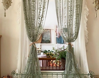 Lace Embroidered Green And White Curtain, Lace Curtain For Cafe, Living Room, Kitchen, Bedroom