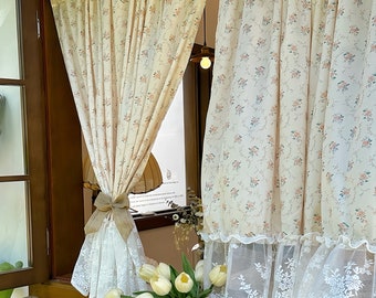 Cream Floral Printed Cotton Curtain, Flower Curtain For Living Room, Kitchen, Bedroom, Ruffle Lace Window Decor Curtain