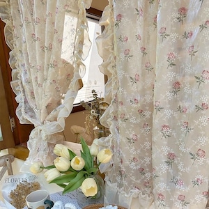 Rose Floral Printed Sheer Curtain, Ruffle Lace Rose Window Decor Curtain
