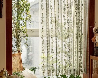 Green Lace Embroidered Curtain, Green Floral Lace One Panel Window Decor Rod Pocket Curtain For Kitchen, Cafe, Living Room