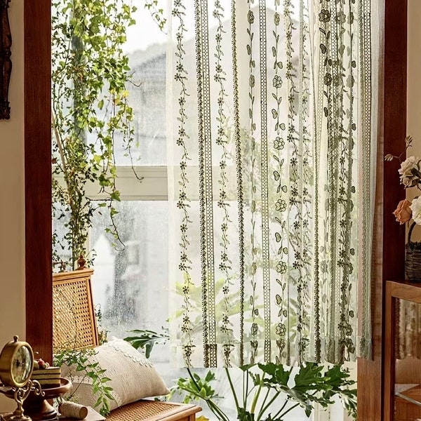 Rideau brodé en dentelle verte, rideau en dentelle florale verte à un panneau avec passe-tringle pour cuisine, café et salon