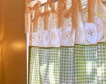 Bright Green Gingham Lace Curtain For Window,  One Panel Country Style Lace Tie Valance Farmhouse Curtain