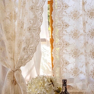 Cream Lace Curtain, Double layered Lace Curtain For Cafe, Living Room, Kitchen, Bedroom, Country Style Window Decor Curtain