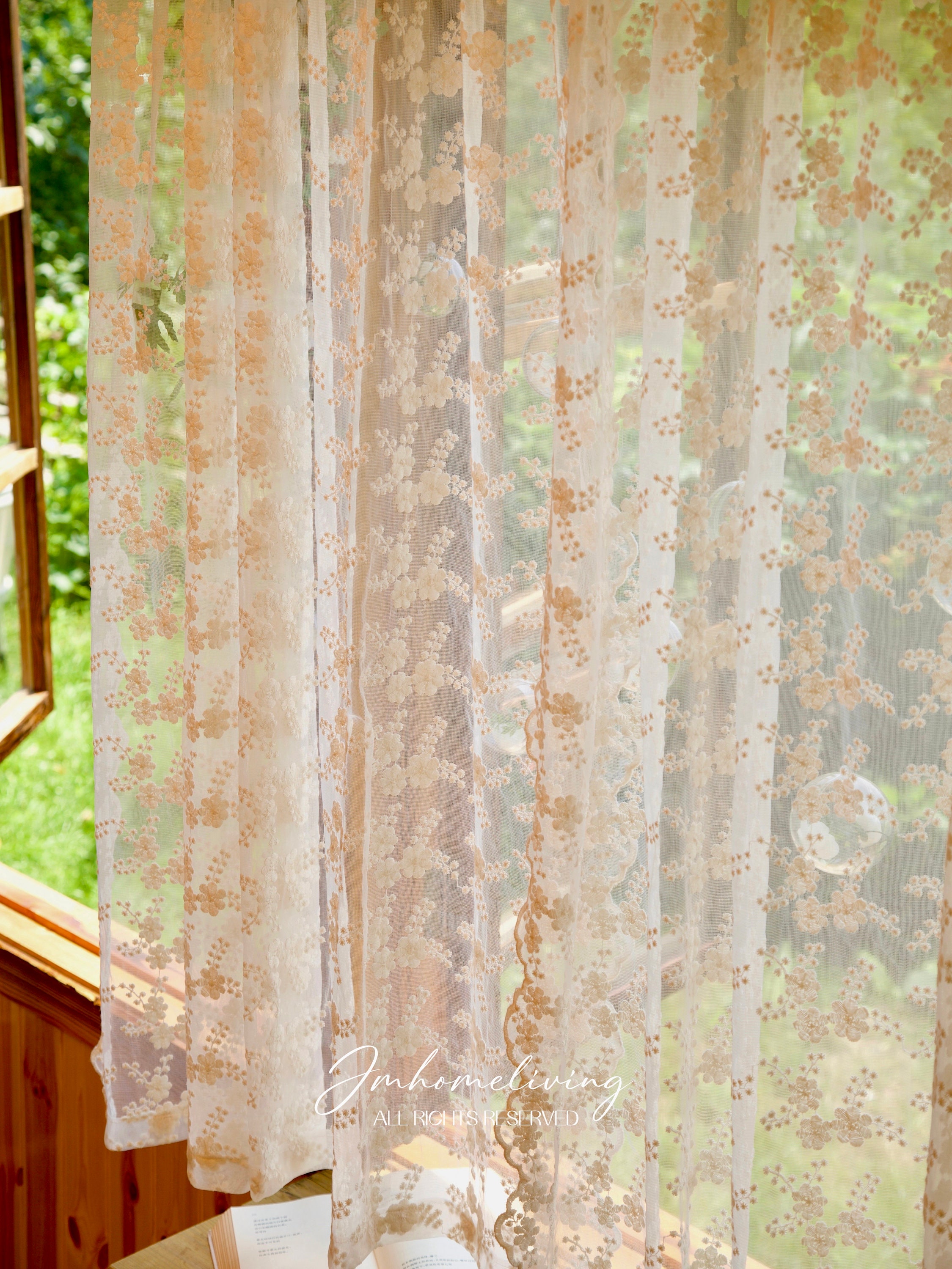 Floral Embroidered Lace Curtain, Cream Lace Curtain for Living
