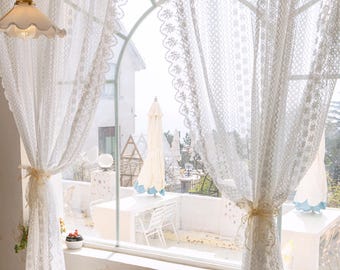 ホワイトレースカーテン、フリルフレンチスタイルレース窓装飾カーテン