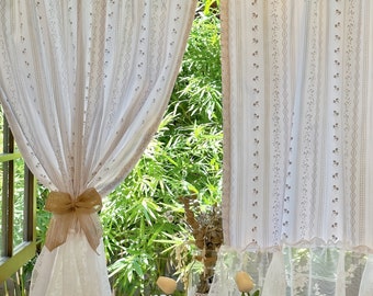 Floral Printed Cotton Curtain, Lace Ruffle Curtain For Living Room, Kitchen, Bedroom, Country Style Window Decor Curtain