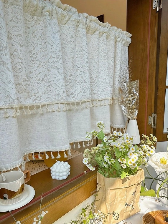 Tenda corta con mantovana in pizzo di lino, tenda corta in stile country francese con tasca per asta per cucina, decorazione per finestre - Italia