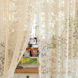 Lace Embroidered Gauze Sheer Curtain, Cream Ruffle French Country Style One Panel Window Decor Curtain
