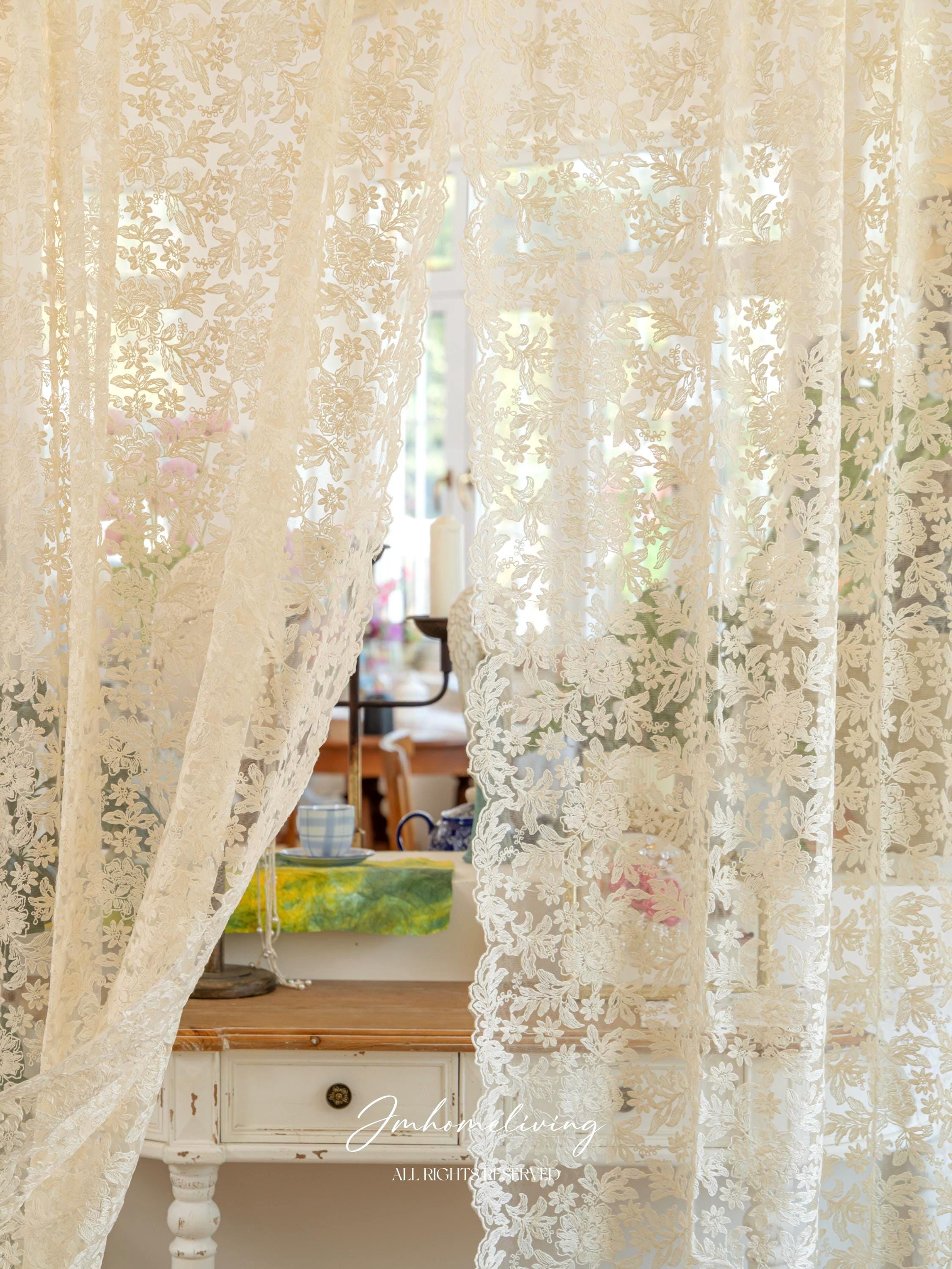 Lace Embroidered Gauze Sheer Curtain, Cream Ruffle French Country Style One Panel Window Decor Curtain