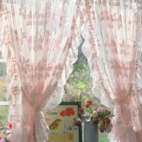 Pink Lace Curtain, Pink Lace Princess Window Decor Curtain, One Panel Rod Pocket Lace Cafe Curtain, Living Room, Kitchen Curtain