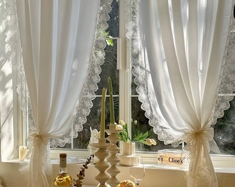 White Lace Sheer Curtain, Minimalist Lace Window Decor Curtain For Bedroom, Living Room, Kitchen, Cafe