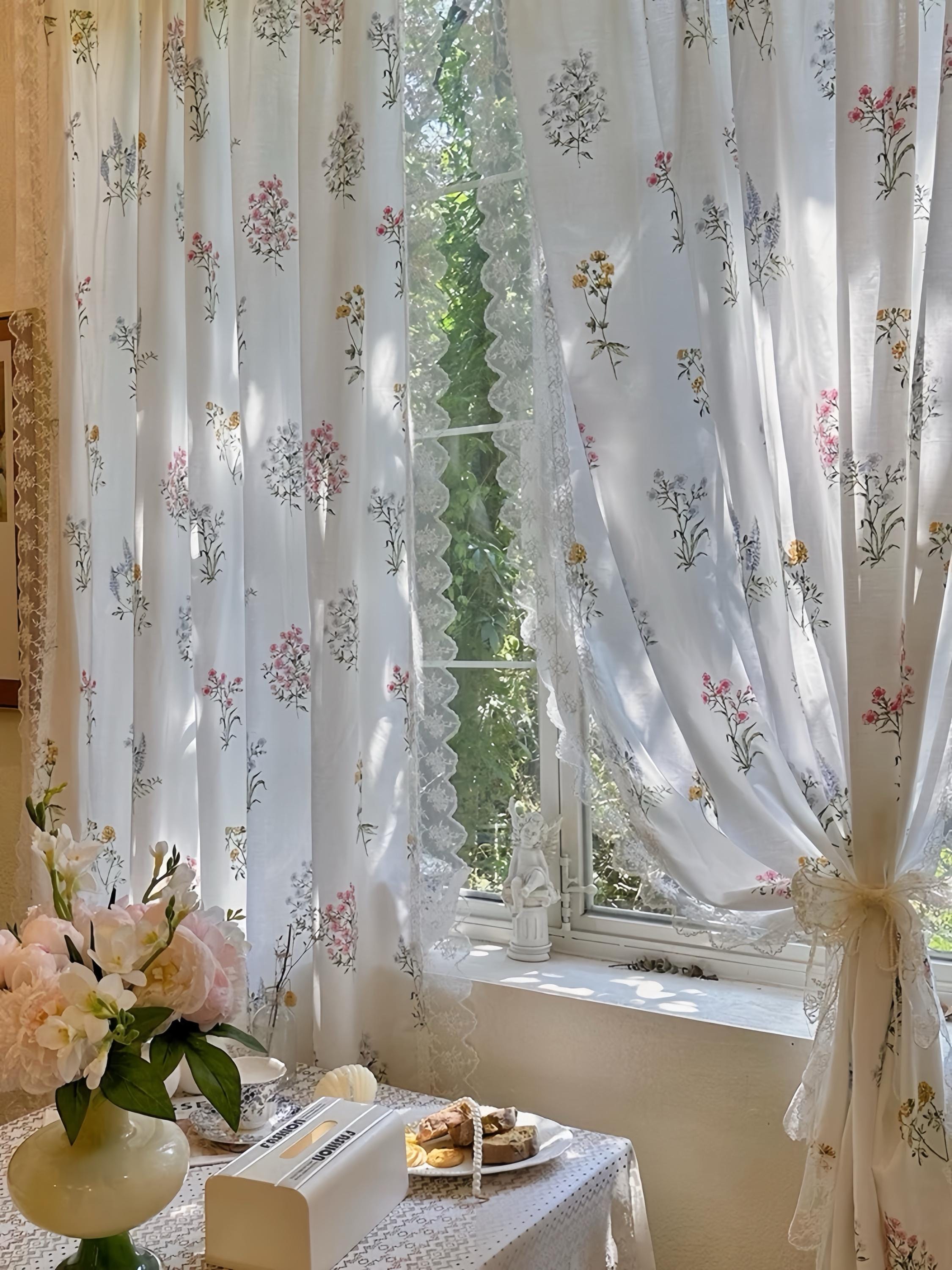 花柄プリントのコテージコア風フリルレースロッドポケットカーテン、花