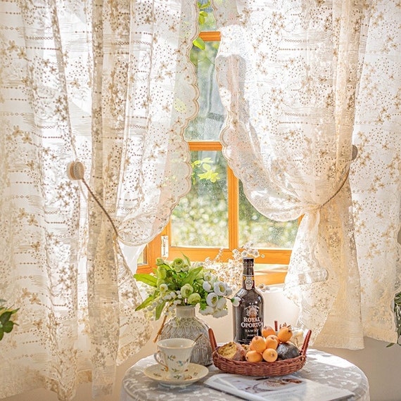 Cream Lace Embroidered Curtain, Double Layered Lace Curtain for