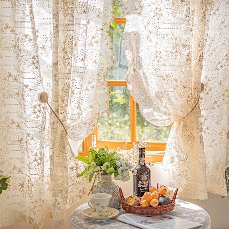 Cream Lace Embroidered Curtain, Double Layered Lace Curtain for